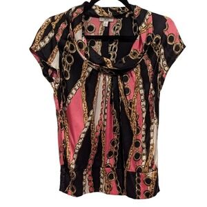 CacheY2 K Silk black pink gold chain print cowl neck short sleeve top Sz S